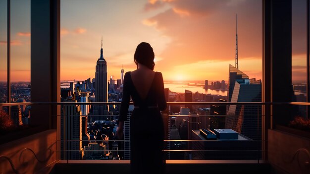 Foto una mujer está de pie en un balcón con vistas a una ciudad al atardecer