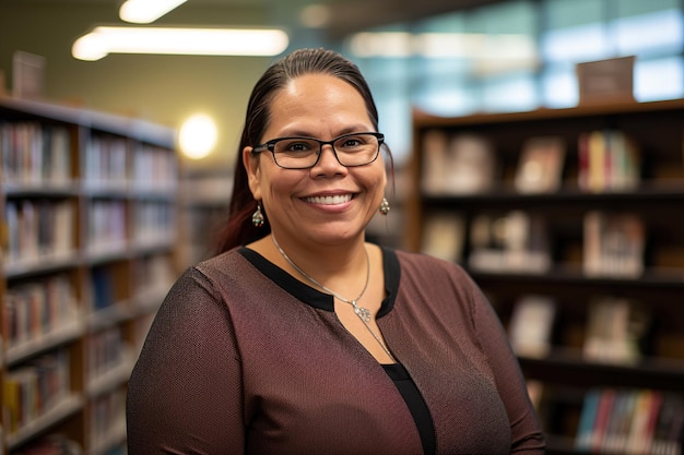 Una mujer de pie en una biblioteca con gafas y un top granate.