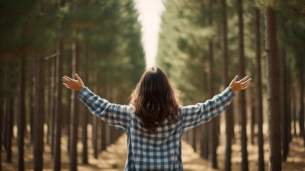 Foto una mujer de pie en un bosque con los brazos extendidos