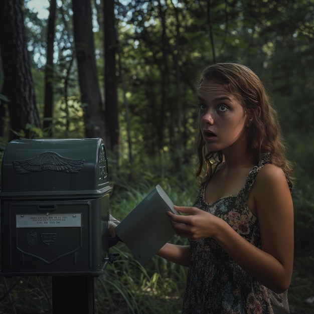 Foto una mujer está de pie en un bosque con un buzón que dice la carta fon él
