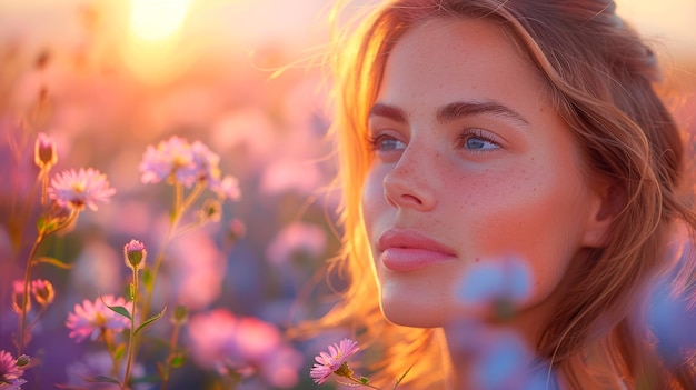 Mujer de pie en el campo de flores púrpuras IA generativa