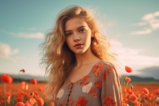 Una mujer de pie en un campo de flores rojas adecuadas para la naturaleza y los conceptos de belleza