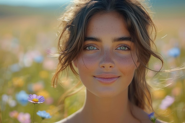 Mujer de pie en un campo de flores