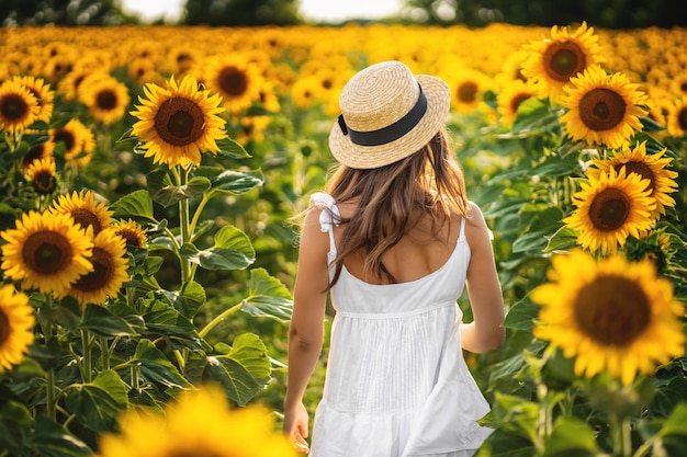 Mujer de pie en el campo de girasoles y mirando la puesta de sol. vista trasera.