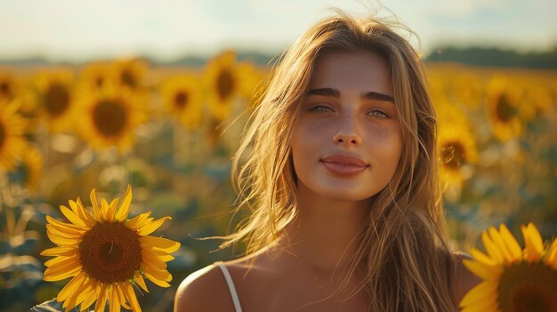 Mujer de pie en un campo de girasoles