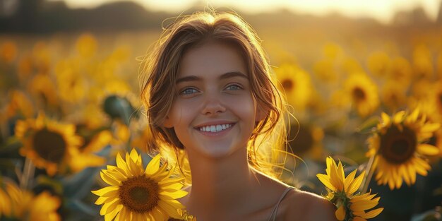 Mujer de pie en un campo de girasoles