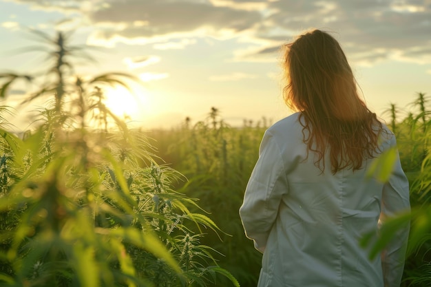 Una mujer de pie en un campo de hierba alta