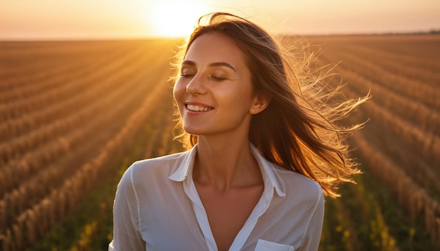 una mujer de pie en un campo con su cabello soplando en el viento