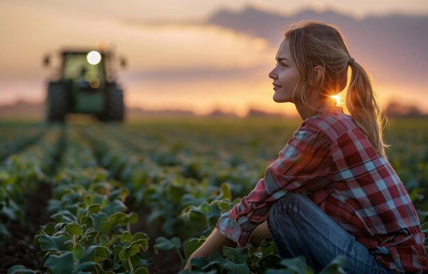 Mujer de pie en el campo con un tractor en el fondo