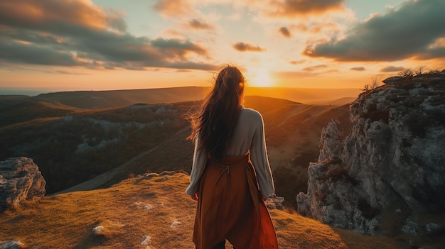 Mujer de pie en la cima de un acantilado al atardecer IA generativa