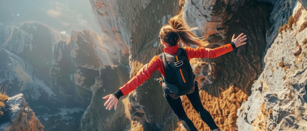 Foto mujer de pie en la cima de un acantilado