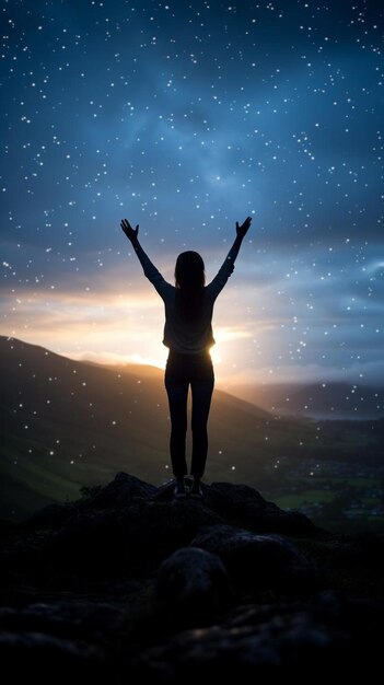 Foto una mujer de pie en la cima de una montaña por la noche