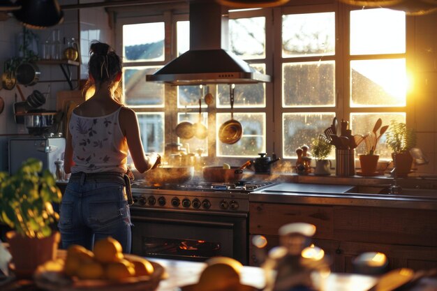 Foto una mujer de pie en una cocina junto a una estufa adecuada para cocinar o conceptos relacionados con el hogar