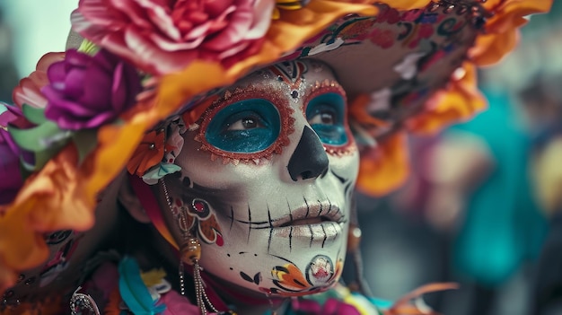 Una mujer de pie con confianza con un sombrero vibrante adornado con varias flores Día de los Muertos.