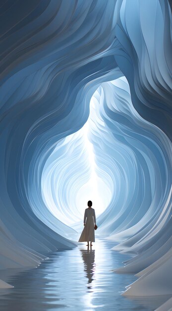 una mujer de pie en una cueva de hielo detrás de un poco de hielo en el estilo de las ondas cromáticas futuristas