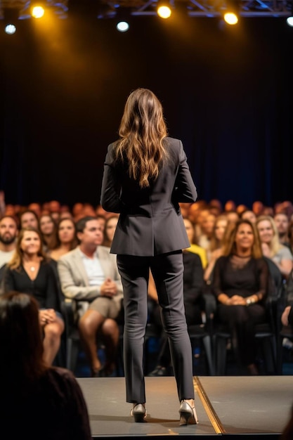 Foto una mujer está de pie en el escenario con un micrófono frente a una multitud de personas