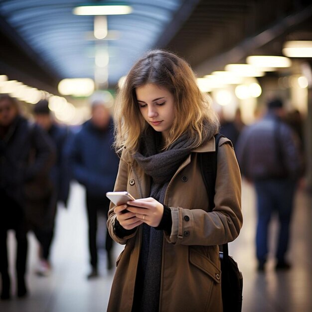 una mujer de pie en una estación de tren mirando su teléfono celular