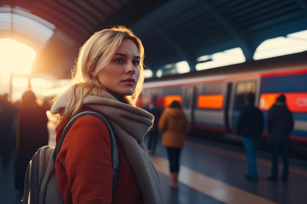 Mujer de pie en la estación de tren con el tren en el fondo AI generativa