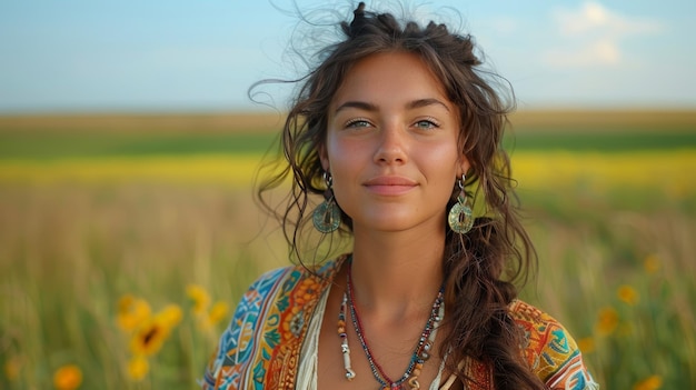 Mujer de pie entre las flores amarillas