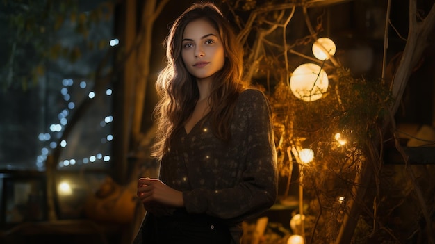 Mujer de pie frente al árbol lleno de luces