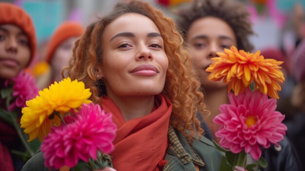 Foto mujer de pie frente al grupo sosteniendo flores