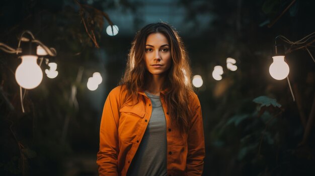 Mujer de pie frente a una cadena de luces