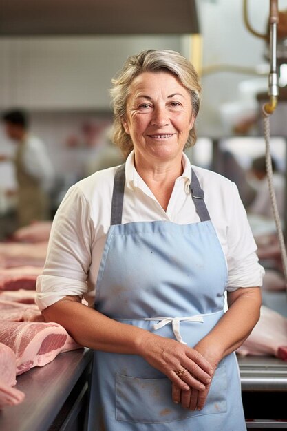 una mujer de pie frente a una carne con las palabras chef en el frente