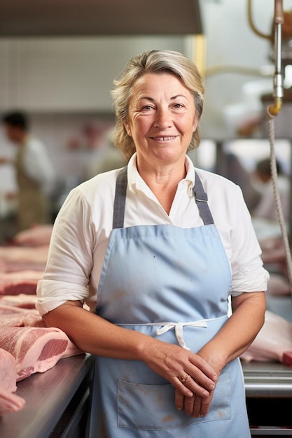 una mujer de pie frente a una carne con las palabras chef en el frente