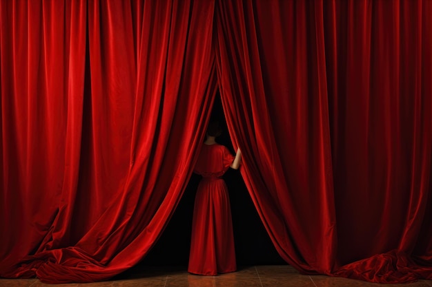 Mujer de pie frente a la cortina roja
