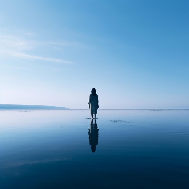 Foto una mujer está de pie frente a un cuerpo de agua con una tabla de surf