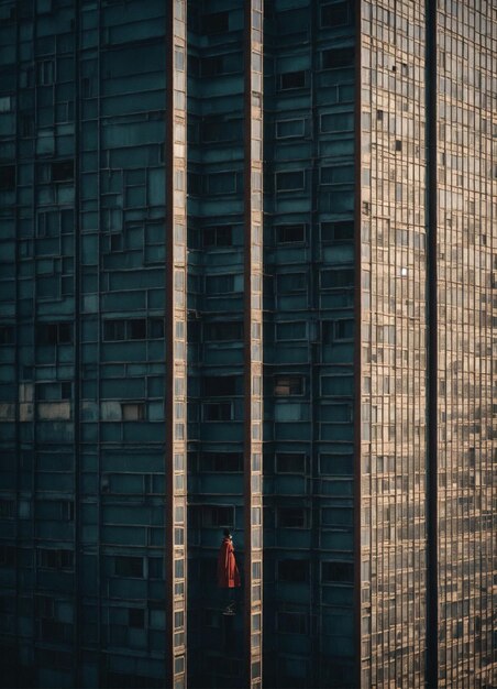 Foto una mujer está de pie frente a un edificio alto con un vestido rojo en él