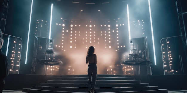 Foto una mujer de pie frente a un escenario con luces brillantes perfecto para promociones de eventos o anuncios de conciertos