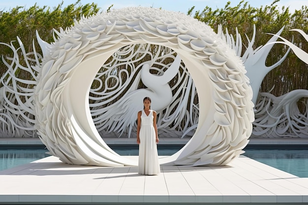 Una mujer de pie frente a una escultura blanca