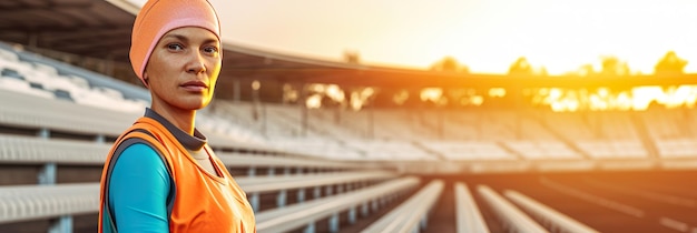 Foto una mujer está de pie frente a un estadio con el sol detrás de ella