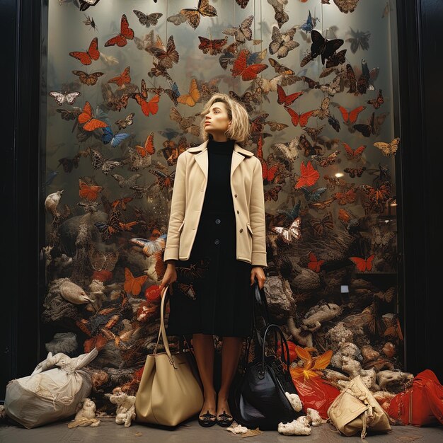 una mujer de pie frente a una exhibición de mariposas