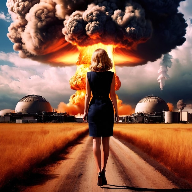 Foto mujer de pie frente a la explosión de una bomba atómica nuclear