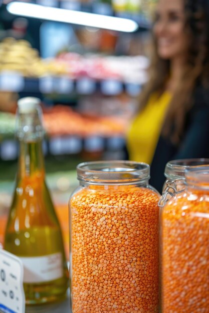 Foto una mujer de pie frente a frascos de comida perfecto para los conceptos de comida y nutrición