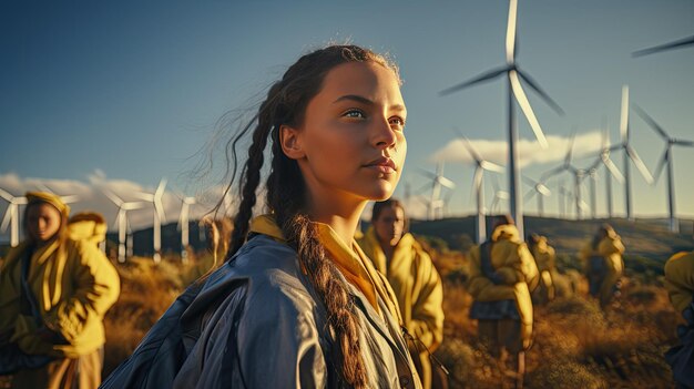 Foto una mujer de pie frente a un grupo de molinos de viento