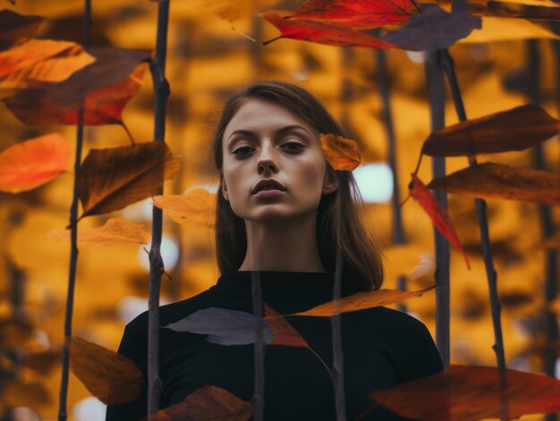 Foto una mujer de pie frente a las hojas de otoño.