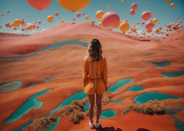 una mujer de pie frente a una imagen colorida de un desierto con globos en el fondo