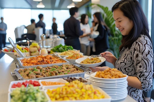 Mujer de pie frente a la línea de comida del buffet en un evento Evento de agradecimiento al empleado en una corporación multinacional Generada por IA