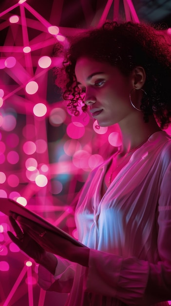 Foto mujer de pie frente a las luces rosas