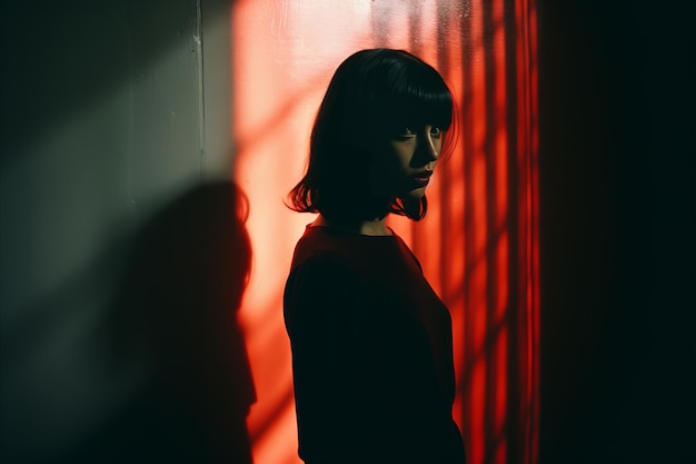 Foto una mujer está de pie frente a una luz roja