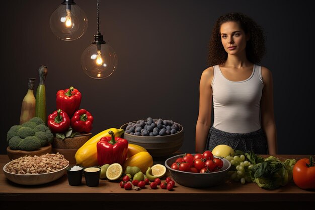 Foto una mujer de pie frente a una mesa llena de frutas y verduras