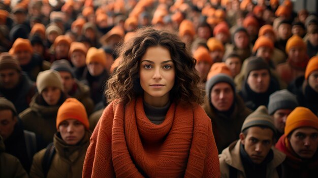 Foto una mujer de pie frente a una multitud de personas