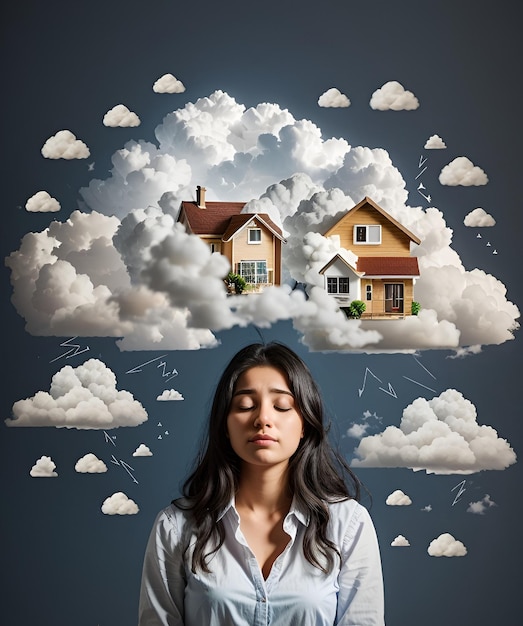 Foto una mujer de pie frente a una nube con una casa en ella