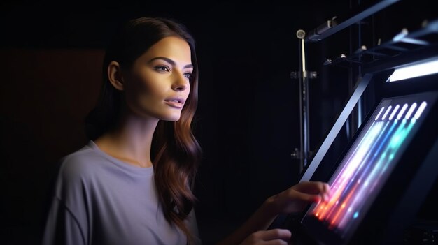 Foto mujer de pie frente a una pantalla de proyector