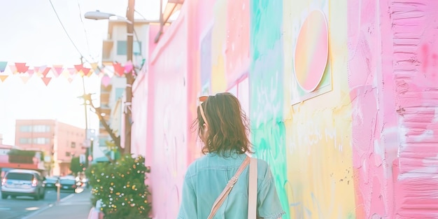 Foto mujer de pie frente a una pared colorida de ia generativa
