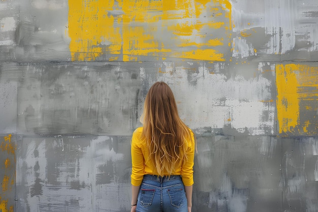 Una mujer de pie frente a una pared gris y amarilla