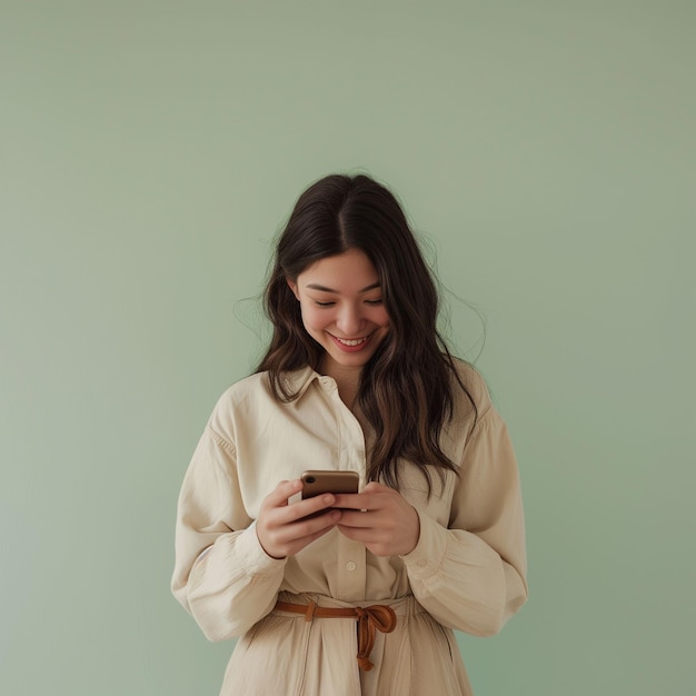 Mujer de pie frente a la pared verde mirando el teléfono celular